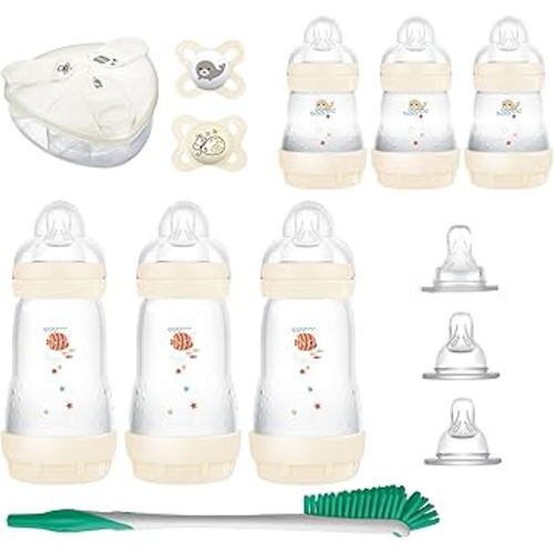 MAM Baby’s First Gift Feeding Set, Newborn Essentials Must Have for 0-3 Months, Self-Sterilizing Anti-Colic Bottles & Brush, Pacifiers, Skinsoft Silicone Nipples & Formula Dispenser, Unisex Set