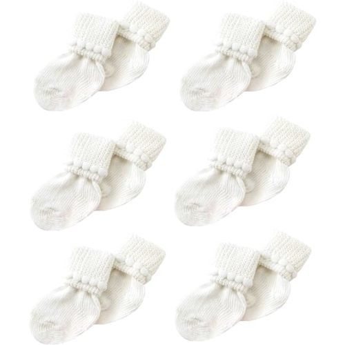 Newborn Baby Boy & Girl Socks Includes 6 Pairs of Cotton Socks - 0-3 Months - White