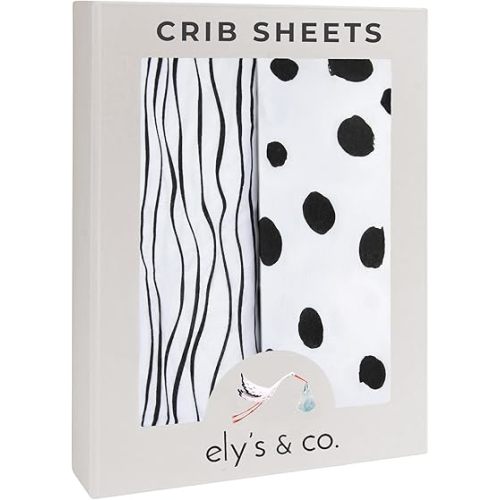 Crib Sheet Set | Toddler Sheet Set 2 Pack 100% Jersey Cotton Black and White Abstract Stripes and Dots