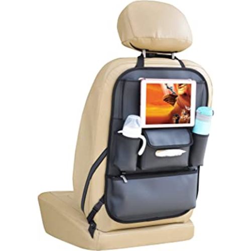 Car Seat Organizers Waterproof Backseat Protector with Storage Pocket Large Leather Kick Mats for Kids Pets Automobile SUV Truck (Black, Large Pocket)