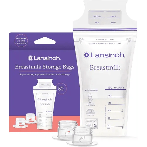 Lansinoh Breastmilk Storage Bags, 50 Count with 2 Pump Adapters, Baby Essentials, Fast Freeze & Thaw Breast Milk Bags for Baby Bottle Feeding, Superior Strength & Stretch, 6 Ounce