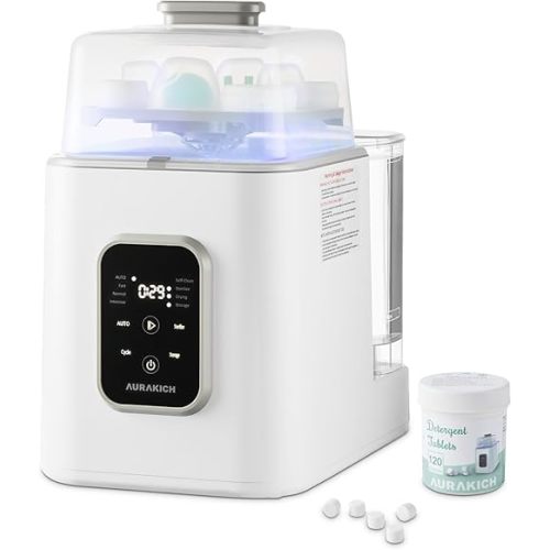 AURAKICH Baby Bottle Washer, Sterilizer & Dryer - All-in-One Pro Cleaning Machine with Fishbone Spray Arm, Self-Cleaning & AUTO Mode, Dual Water Inlet for Bottles, Breast Pump & Baby Essentials