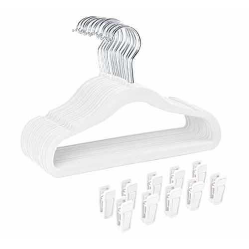 Finnhomy Non-Slip Clothes Hangers for Baby and Kids 30-Pack Velvet Hangers with 10 Finger Clips, White