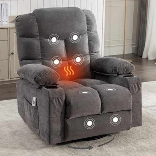 SYNGAR Swivel Recliner Chair for Adults, Living Room Fabric Recliner Chair with Massage and Heat, Single sofa with USB Port, Cup Holder, Side and Front Pocket, Gray