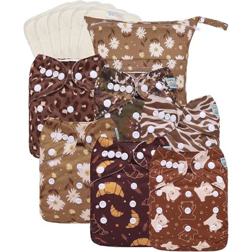 ALVABABY 2.0 AWJ Lining Cloth Diaper with Tummy Panel for Babies,6 Pack Diapers and 6 Inserts with One Wet Dry Bag, Adjustable Washable Reusable for Baby Girls and Boys 6WJT07A-L
