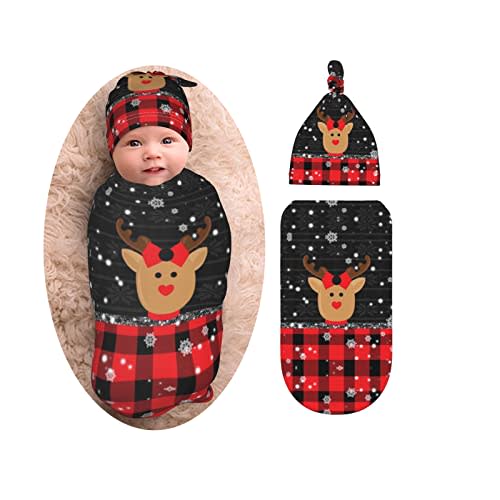Christmas Baby Stuff Deer Newborn Swaddle Blankets Beanie Hat Sets, Black and Red Check Plaid Snowflake Baby Blanket Swaddle Sack For Baby Shower Infant Boy And Girl