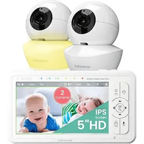 Babysense 5" HD Split-Screen Baby Monitor, Video Baby Monitor with 2 Cameras and Audio, Night Light, 1000ft Range, Two-Way Audio, 4X Zoom, Night Vision, 4000mAh Battery
