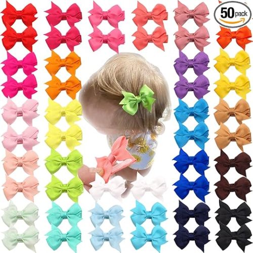 CÉLLOT Hair Clips for Girls - 50PCS Fully Lined Hair Bows Alligator Clips for Toddlers, Infants, Kids, 25 Pinky Color Pairs