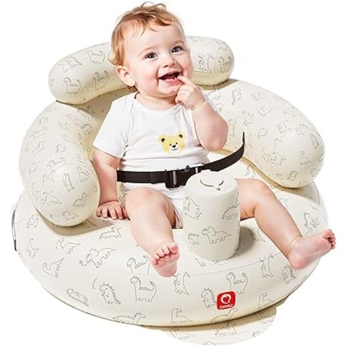 QPAU Inflatable Baby Seat with Safety Harness, Baby Chair for Sitting Up (3 Months & Up), Portable Blow Up Baby Stuff with Built-in Pump (Dinosaur)