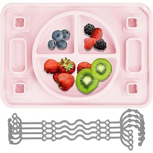 Platinum Food Grade Silicone Plates with Strong Suction for Baby & Toddlers, Baby Placemats with 4 Toy Straps to Secure Baby Essentials, Baby Led Weaning, Self Feeding, Dishwasher Safe (Pink)
