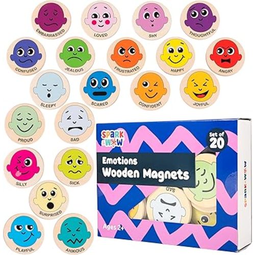 SPARK & WOW Wooden Magnets - Emotions - Set of 20 - Magnets for Kids Ages 2+ - Cute Emotion Magnets for Fridges, Whiteboards and More
