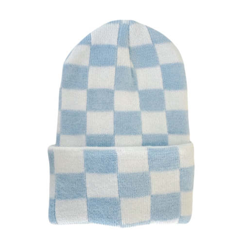 Baby's First Hat, Baby Blue/Warm White Checkerboard