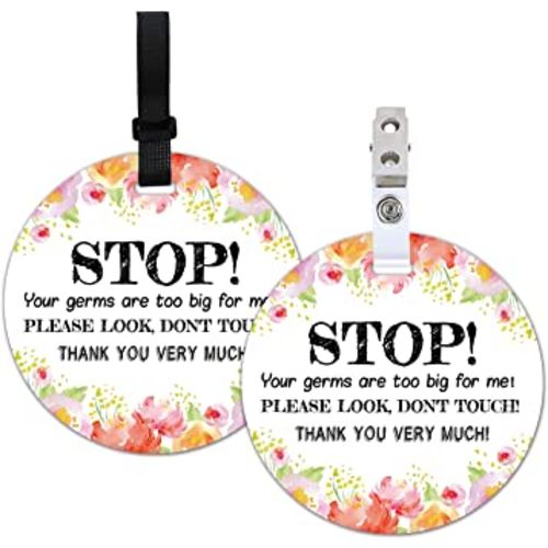 Stop, No Touching Baby Car Seat Sign or Stroller Tag, 2 Pack Flower Baby Car Safety Signs Tags for Newborn Baby, Baby Car Seat, Baby Stroller Backpack. (5 Inches)