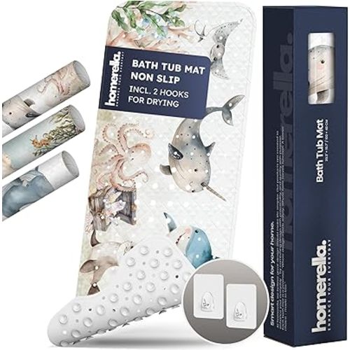 Homerella Baby Bath Tub Mat | Anti Mold Mildew Resistant Non Slip Kids and Adult Bath Tub Shower Mats | 40x16 inch Long with Suction Cups for Secure Grip Hooks for Storage & Drying | Machine Washable