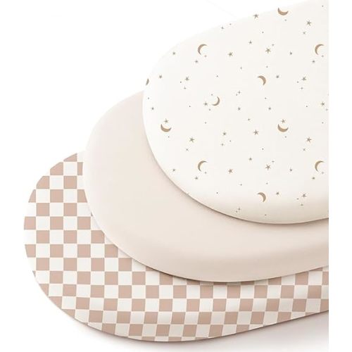 3 Pack Stretchy Bassinet Sheets for Baby Girl Boy, Soft Breathable Baby Bassinet Mattress Sheets Fit for Hourglass Oval Cradle, Moses Basket Rectangle Mattress