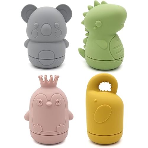 PandaEar 4 Pack Silicone Bath Toys for Babies 0-6 6-12 Months, Mold Free Bathtub Toys for Toddlers Kids Infant, Non Toxic Swimming Shower Toys for Toddlers 1-3 (B)