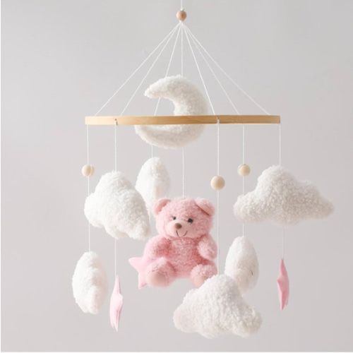 EERKEOD Baby Crib Mobile Bear Nursery Mobile for Boys Girls Teddy Velvet Mobile Nursery Decor for Infant Bedroom Hanging Baby Mobile for Bassinet Newborn Baby Gift(Pink Bear)