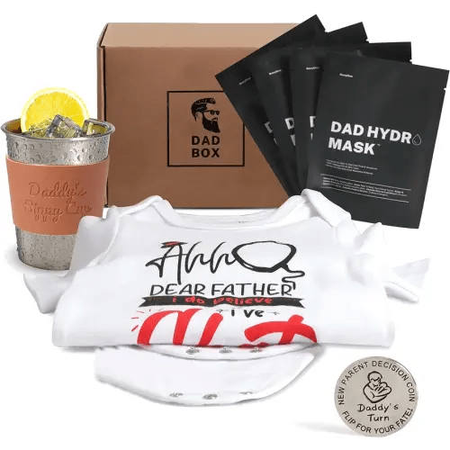 Dad to Be Gift Box - The Bonding Box - Gifts for 1st Time New or Soon to Be Dad - Father Sippy Cup, Funny Cute Baby Infant Creeper Onesie, Parent Decision Coin for Couples, Facemask for Men