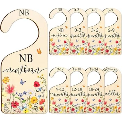 AnyDesign 8Pcs Wildflower Wood Baby Closet Dividers Newborn to 24 Months Baby Wardrobe Organizer Spring Vintage Floral Hanging Closet Organizer for Home Nursery Birthday Decor