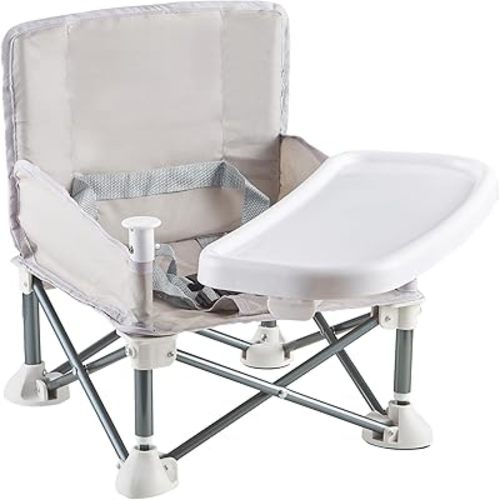 Portable Baby Chair with Removable Tray – Folding Booster Seat for Toddlers 6 Months to 3 Years, Lightweight Travel Highchair for Camping, Beach, Outdoor & Dining Table Use Beige (Grey)