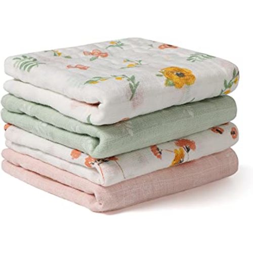 lasoftan Baby Muslin Burp Cloths, 100% Cotton Burping Cloths Super Absorbent Soft, Bath Towel Burp Cloths for Baby Girl Boy, Great Gift for Newborn, 10 x 20 inch, 4 Pack, Leaves & Flowers