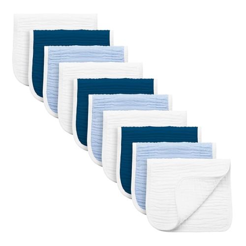 Synrroe Burp Cloths Large, Muslin Burp Cloths for Baby Girls and Boys, Pack of 10 Extra Absorbent and Soft Muslin Bibs, 6 Layers 20 by 10 Inches 100% Cotton (Brown 10 Pack) - Blue Sets - Large 10 Pack