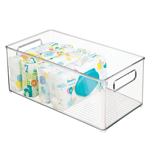 mDesign Plastic Deep Bin Organizer Caddy Container w/ Handles for Nursery, Kitchen, Pantry, Bathroom, Cabinet Storage Organization - Holds Snacks, Bottles, Baby Food Jar, Diaper - 14" Long -Clear