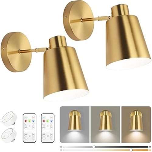 Gold Wireless Battery Operated Wall Sconces, Industrial Cordless Battery Powered Led Wall Lights Set of 2, Vintage Wall Lamp Fixture Indoor with Remote Control for Bedroom, Bathroom, Hallway