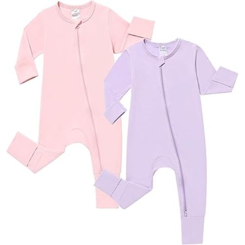 JunNeng 2 Pack Footless Long/Short Sleeve Baby Romper with Zipper Cotton Infant Sleepwear