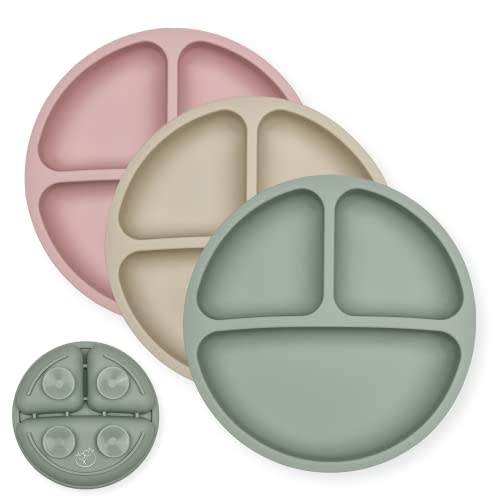 Hippypotamus Toddler Plates with Suction - 100% Food-Grade Silicone Baby Plates - Microwave & Dishwasher Safe - BPA Free - Set of 3 (Sage/Blush/Nude)