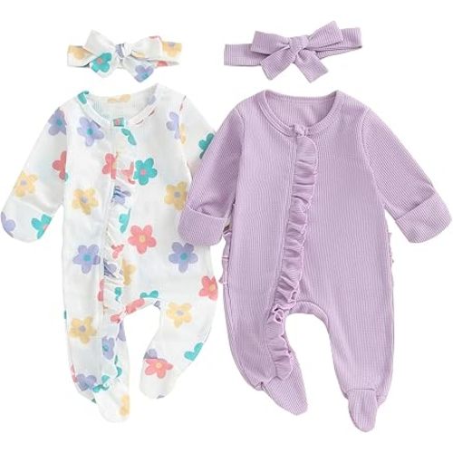 Merqwadd Baby Girl Footies Newborn Zipper Sleeper 2 Pack Ruffle Pajamas Romper Coming Home Outfit