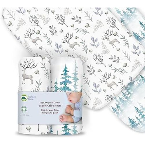 100% Organic Cotton Fitted Travel Crib/Playard Sheets for Guava Lotus, BabyBjorn, Dream on Me, Baby Joy and All Other 24" x 42" Pads/mattresses. Safety Strap Holes in Each Corner. 2 Pk Boy, Girl