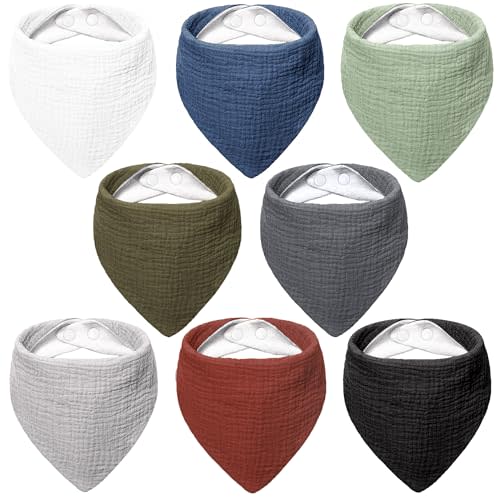 Bearmoss Muslin Baby Bibs 8 Pack Soft Bandana Bibs for Drooling & Teething, Absorbent Burp Cloths with Adjustable Snaps