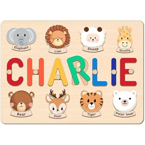 PUREFLY Name Puzzle for Kids Personalized, First Birthday for Baby Boy Girl, Wooden Animal Puzzles for Toddlers 1-3, Educational Toys for 1 Year Old