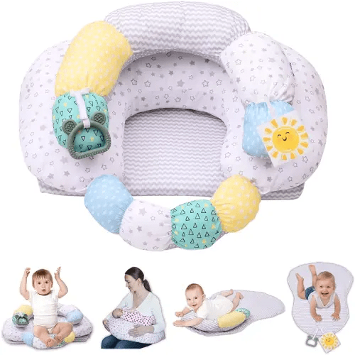 4-in-1 Tummy Time & Nursing Pillow with High, Firm, Large Area, Detachable Seated Support Cushion, Removable and Machine Washable Slipcovers, Baby Play Mat and Toys 0-24 Months