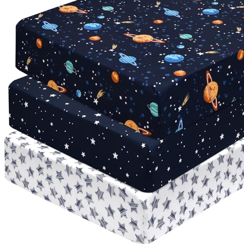 PHF 3 Pack Soft Space Crib Sheets Fitted, Silky Comfy Breathable Baby Sheets for Boys Girls Neutral, 28x52 Inches Fits Standard Crib and Toddler Mattresses, Space