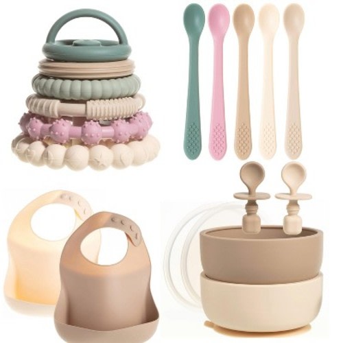 Silicone Baby Essentials Set – Tan Stacking Toy, Feeding Bibs, Suction Bowls with Spoons & First-Stage Spoons – BPA-Free, Safe for Infants & Toddlers