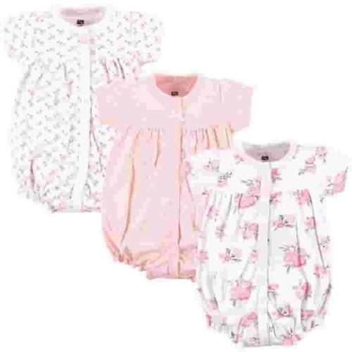 Hudson Baby Infant Girl Cotton Rompers 3pk, Pink Floral, 6-9 Months