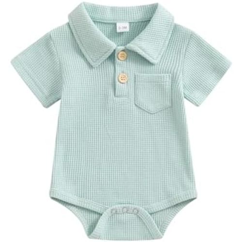 Lesimsam Newborn Baby Boy Clothes Waffle Knit Button Up Shirt Romper Solid Short Sleeve Collared Bodysuit One-Piece Outfit