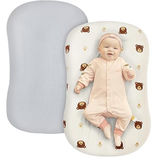 Grnstf Muslin Baby Lounger Cover 2 Pack, 100% Cotton Newborn Lounger Cover, Soft and Breathable Lounger Slipcover for Boys Girls, Covers Only (Grey, Bear)