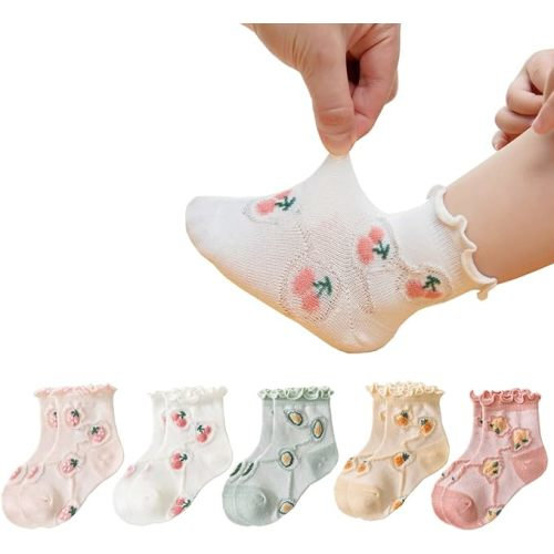 Xiyadun 6 &12 Pairs Infant Toddler Baby Kids Turn Cuff Ruffle Cotton Socks - 5 Pairs-fruit
