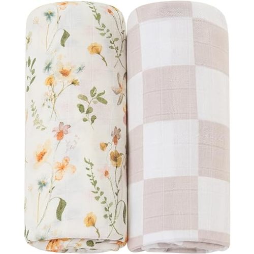 LifeTree Muslin Swaddle Blanket for Baby Girl, 2-Pack 70% Viscose Bamboo and 30% Cotton Large Swaddle Blankets (47" x 47"), Floral & Dusty Pink Checkered