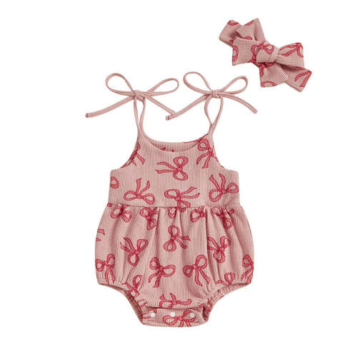 Baby Girls 2Pcs Summer Romper Sleeveless Tank Tie Strap Bow Print Jump – August + Willow