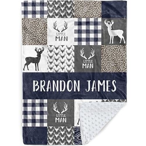 Personalized Baby Blanket for Boys, Custom Baby Blanket with Name, Soft Flannel with Double Layer Dotted Backing, Receiving Swaddle Blanket Suitable for Infants and Toddler, Blue Deer(30”x40)