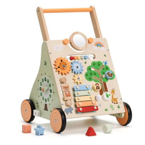 SainSmart Jr. Wooden Baby Walker, Adjustable Height and Speed Baby Push Walker, Montessori Activity Center for 6-12 Months, Push Walking Toys for 1 Year Old Boys Girls Learning to Walk, Animal Theme