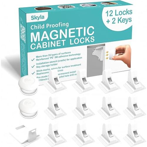 SKYLA HOMES Magnetic Cabinet Locks Baby Proofing Child Safety - The Safest Quickest and Easiest Multi-Purpose 3M Adhesive Child Proof Latches, No Screws or Tools Needed (12 Pack)