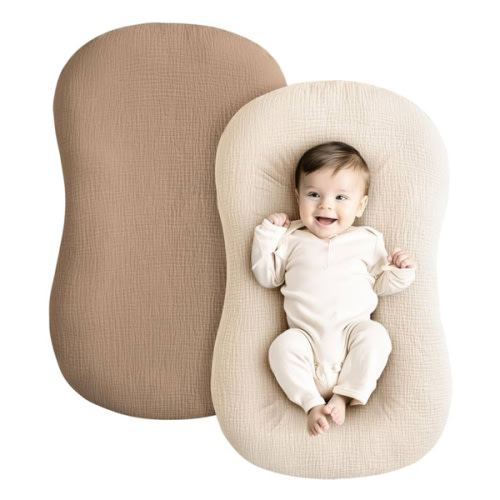 Konssy Muslin Baby Lounger Cover 2 Pack, 100% Cotton Newborn Lounger Cover, Soft and Breathable Baby Nest Slipcover for Boys Girls (Brown,Wheat)