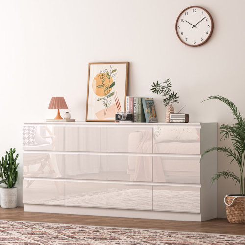 Ivy Bronx 70 Inch 12 Drawers Dresser With Power Outlet, Wide High Gloss Chest Of Drawers Large, Modern Storage Drawer Dresser For Bedroom | Wayfair