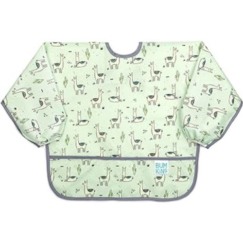 Bumkins Sleeved Bib for Girl or Boy, Baby and Toddler for 6-24 Mos, Essential Must Have for Eating, Feeding, Baby Led Weaning Supplies, Long Sleeve Mess Saving Food Catcher, Soft Fabric, Llama Green