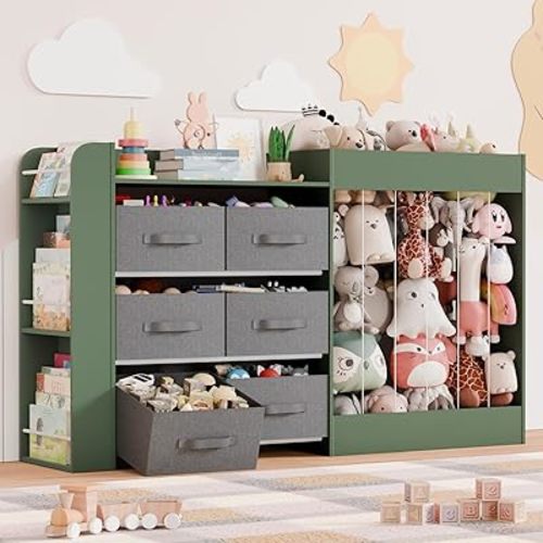 61"W Toy Storage Organizer with 6 Storage Bins, 3-Tier Kids Bookcase & 211L Stuffed Animal Holder, 3-in-1 Plush Toy Organizer, Extra Large Toy & Book Shelf for Playroom, Kids Room, Bedroom, Green
